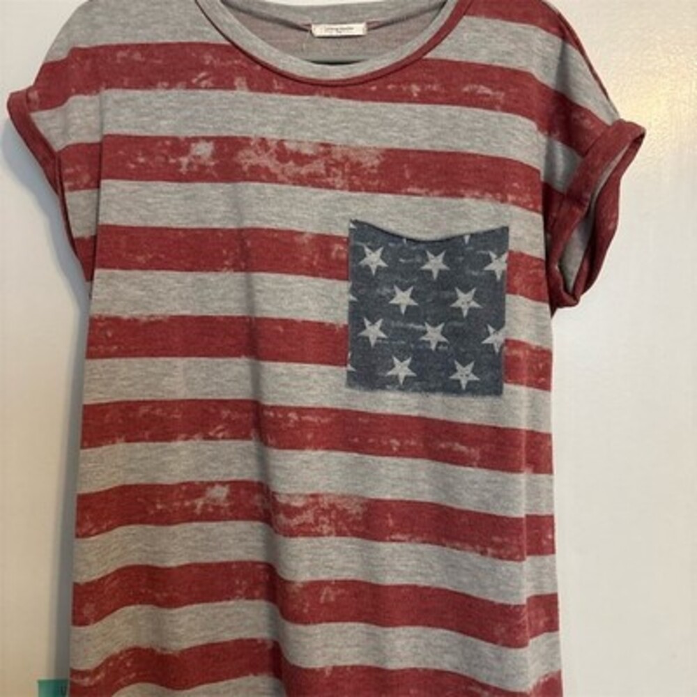 Independence 4th M USA Flag Striped Pocket Red Gray Crew